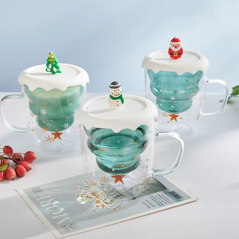 YWDL Weihnachtsbaum Kaffeetasse aus Glas mit Deckel, doppelwandige isolierte Teetasse und Milchbecher - Bild 2