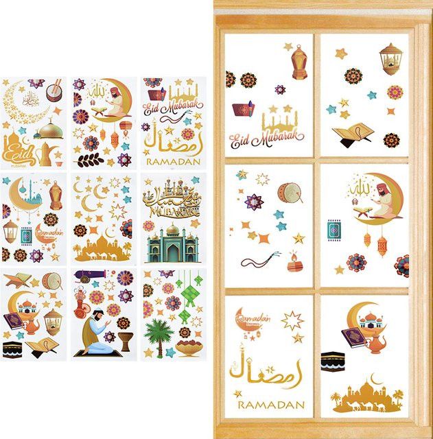 ZQNYCY Eid Mubarak Ramadan Dekoration Set mit 9 selbstklebenden Aufklebern in Multicolor mit islamischen Mustern für Wand, Fenster und Geschenkverpackungen - Bild 1