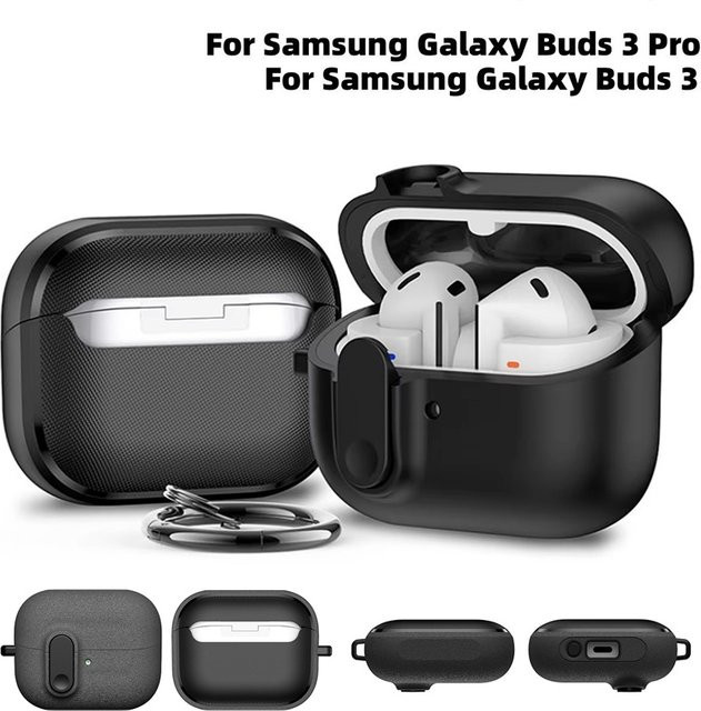 Stoßfeste Sicherheitsschloss-Schutzhülle für Samsung Galaxy Buds 3 und Buds 3 Pro mit Trageband in Schwarz - Bild 1