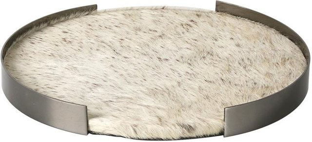 Rundes Designer-Tablett aus Leder und Edelstahl mit Pferdehaar-Imitation in Beige, Durchmesser: 30 cm, Höhe: 3 cm - Bild 1