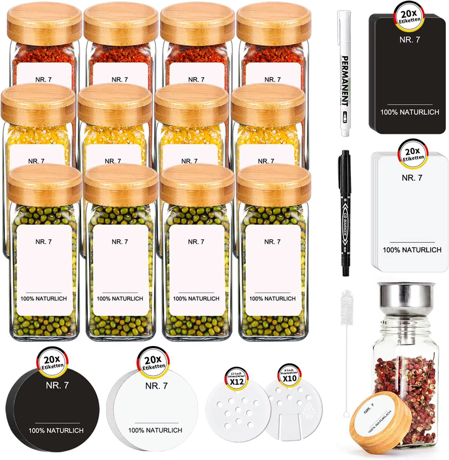 SIAZIH Gewürzglas-Set aus Glas mit Bambusdeckel, 12 Stück, transparent, 120 ml - Bild 2