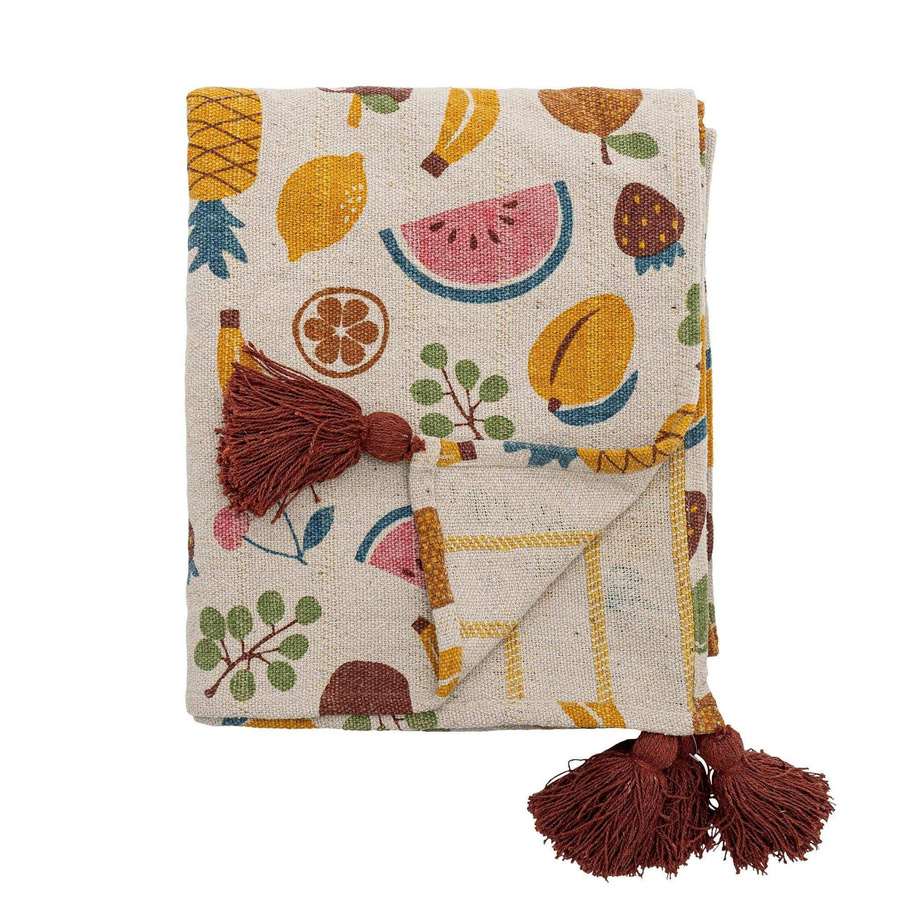 Bloomingville Mini Fruitta Plaid aus recycelter Baumwolle in Multicolor mit floralem Design, B: 130 cm, T: 160 cm - Bild 1