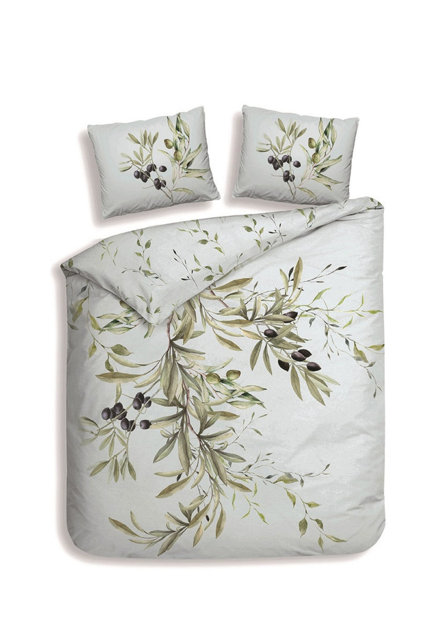 Heckettlane Mako-Satin Bettwäsche Marilia Chalk Blue mit Oliven-Blätter-Motiv in Beige und Blau, B/H: 135 x 200 cm - Bild 1