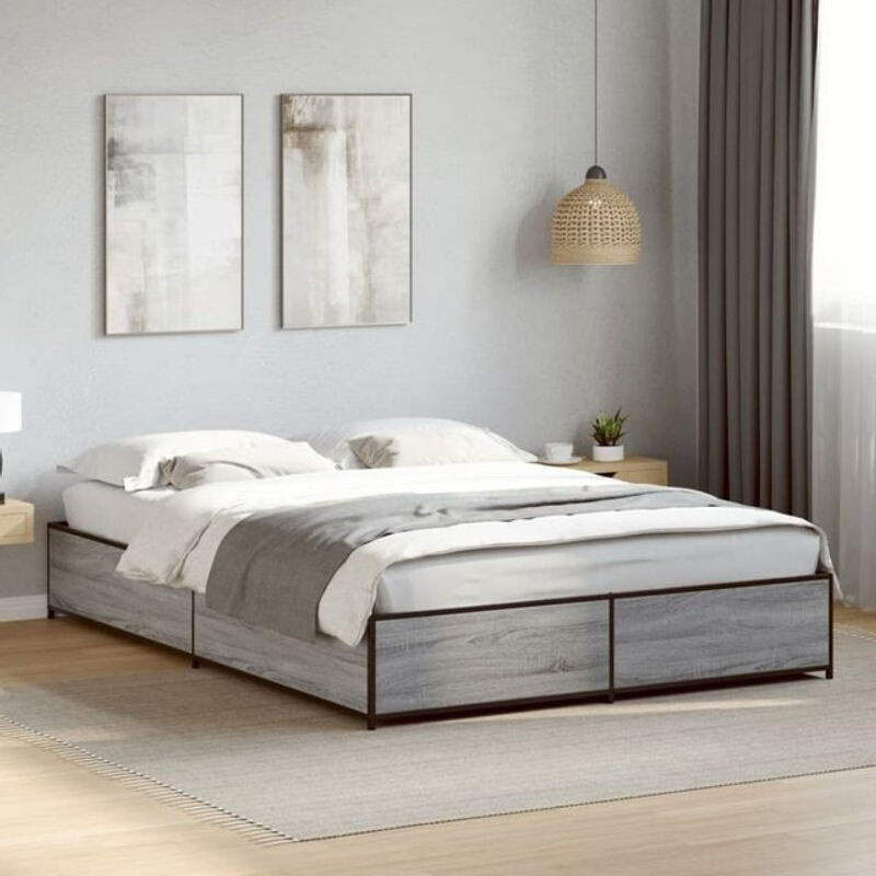 Vidaxl Einzelbett Bettgestell in Grau Sonoma aus Holzwerkstoff und Stahl B/T/H: 135 x 190 cm - Bild 1