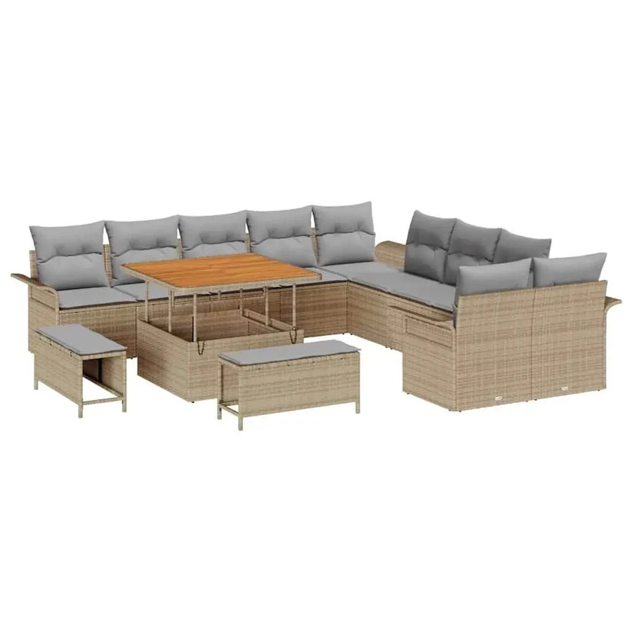 vidaXL Garten-Sofa-Set 13-teilig aus Poly-Rattan und Akazienholz in Beige mit Polstern und Tisch - Bild 2