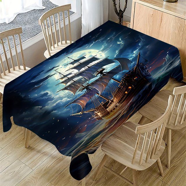 VIKAMA Moonlight Sailing Wasserdichte Tischdecke mit Fantasy Segelboot Nacht Kreuzfahrt Muster im Nordic Stil - Bild 1