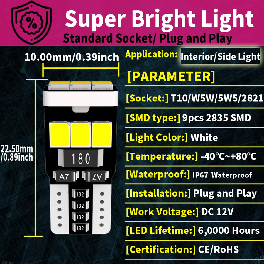 Neallor 10er Set W5W LED T10 Auto-Leuchtmittel in Cool White 6000K für Kennzeichen, Dome und DRL, 12V - Bild 2