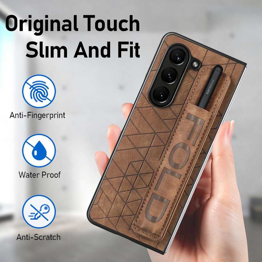 Leder Handyhülle für Samsung Galaxy Z Fold 7 6 5 4 3 mit elastischer Handgelenkschlaufe und Stifthalter in Braun - Bild 2