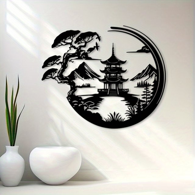 CIFBUY Metall-Wandkunst Pagoden-Motiv Mondlichtnacht in Schwarz im asiatischen Stil - Bild 1