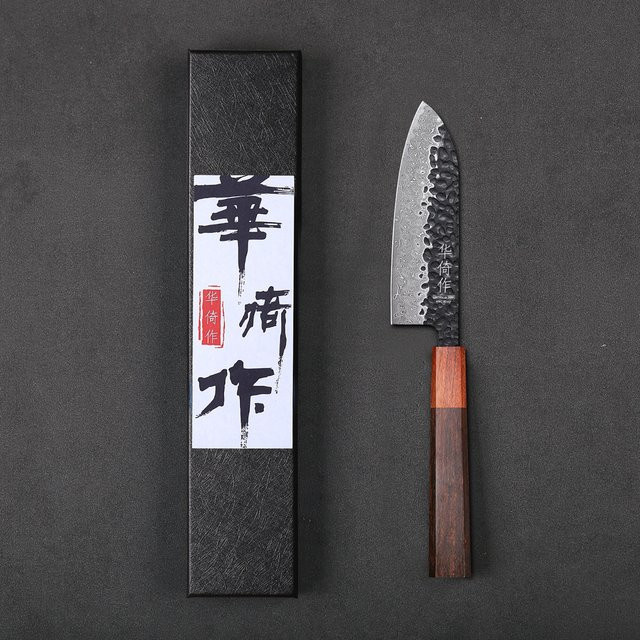 HUAYIGRAND Santoku Kochmesser aus handgeschmiedetem Damaststahl, 12,7 cm, Silber mit Holzgriff - Bild 1