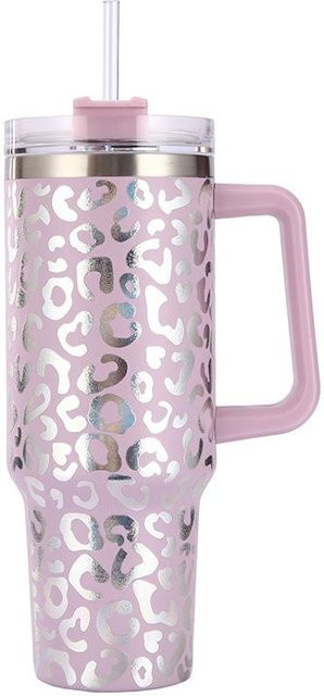 Yiran Furniture Thermosbecher aus Edelstahl mit Leopardenmuster und Griff, Pink, 40oz - Bild 1