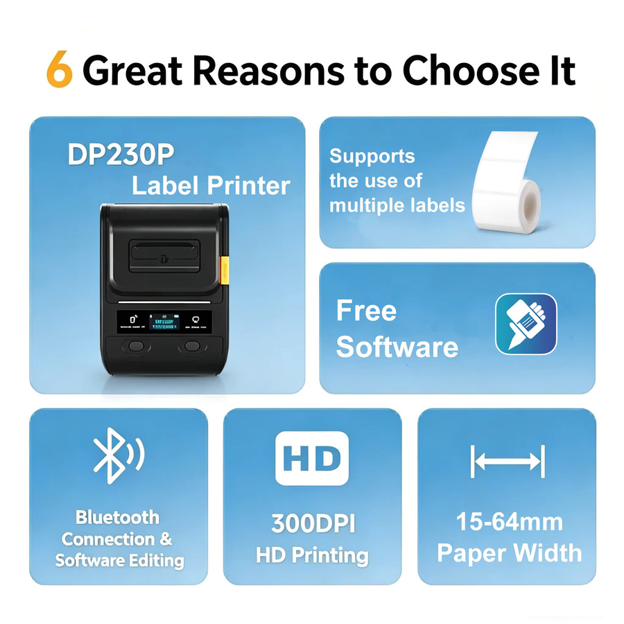 DETONGER DP230S/DP30S Multifunktionaler Mobiler Bluetooth Thermoetikettendrucker mit 300DPI für Android und iOS - Bild 2