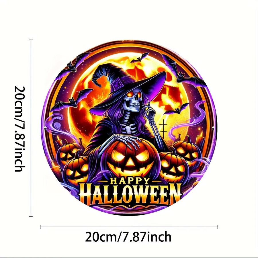 Potdemiel Halloween Gothic Hexe Metallschild Set mit Fledermäusen und Kürbislichtern, rund, Mehrfarbig, Durchmesser: 20 cm - Bild 2