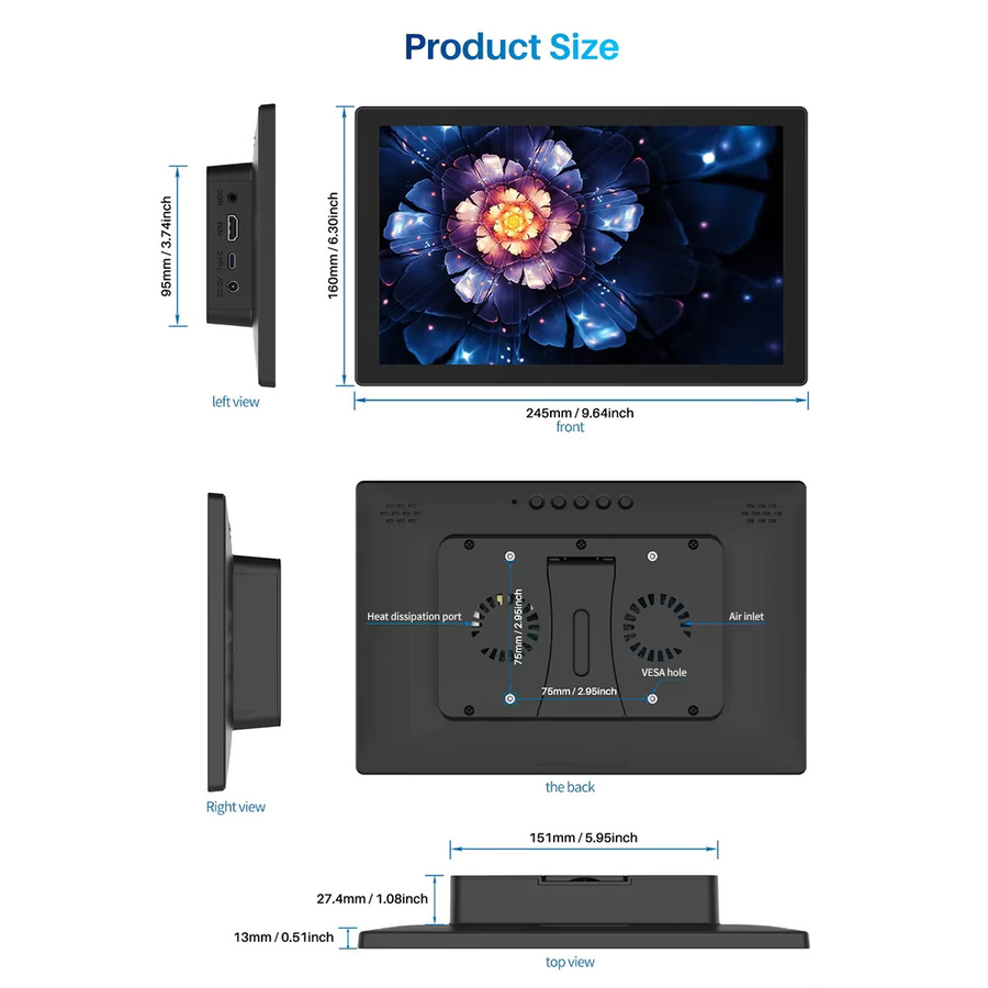 HOWENS 10,1 Zoll IPS Touch-Monitor mit 1920x1200 Auflösung in Schwarz für Raspberry Pi, PC und Konsolen - Bild 2