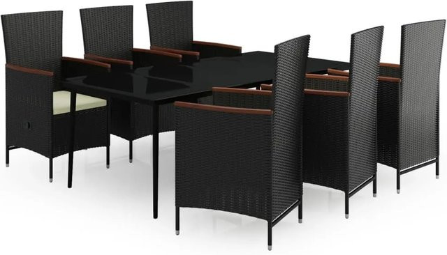 vidaXL 7-teilige Garten-Essgruppe aus PE-Rattan und Akazienholz in Schwarz mit Glasplatte und Kissen - Bild 1