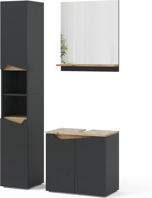 Vicco Badmöbel-Set Marelle 3-teilig in Anthrazit und Eiche mit Hochschrank - Bild 2