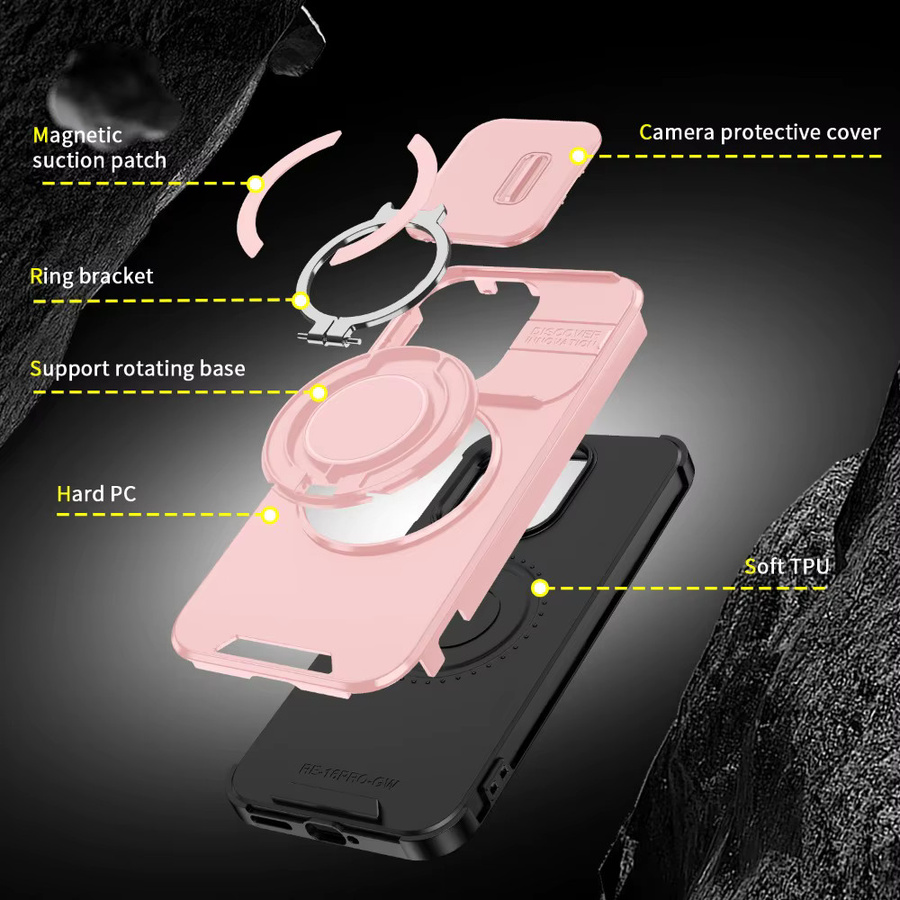 Xiaomi Redmi 15C Handyhülle mit Schiebe-Kameraabdeckung, Ringhalter und magnetischer Autohalterung in Pink - Bild 5