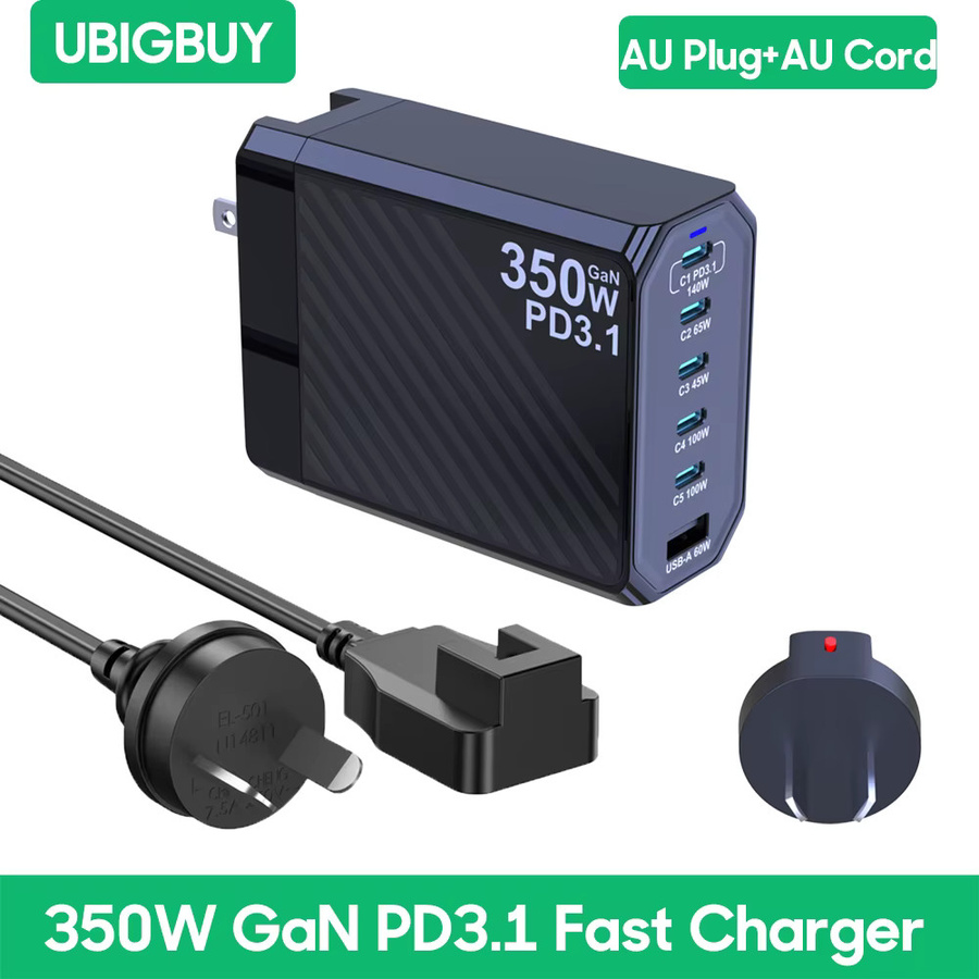 UBIGBUY GaN Schnellladegerät 350 W mit 140 W PD3.1 und QC PPS USB-Ladestation für MacBook Pro, iPhone, Samsung, Laptop und Tablet, Schwarz - Bild 7