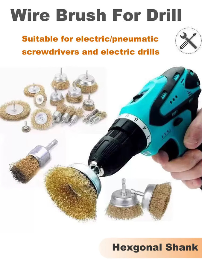 E-HOMEWAY Messingdrahtbürsten-Rad-Set in Gold und Multicolour mit 1/4 Zoll Sechskantschaft und 0,3 mm gewelltem Kohlenstoffstahl für Bohrer - Bild 4
