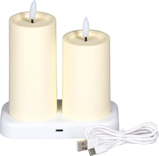 Viva Domo LED-Kerzen mit Ladestation, 2er-Set, Weiß, mit Flackereffekt und wiederaufladbarem Akku - Bild 1