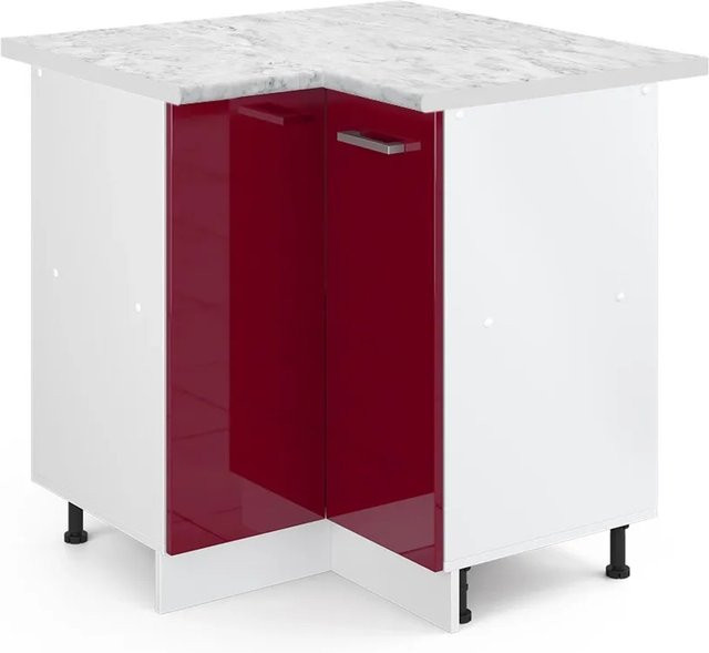 Vicco Eckunterschrank R-Line Küchenschrank in Bordeaux Rot und Weiß Hochglanz mit Marmor-Optik, B/T/H: 75,6 x 60,0 x 81,6 cm - Bild 1