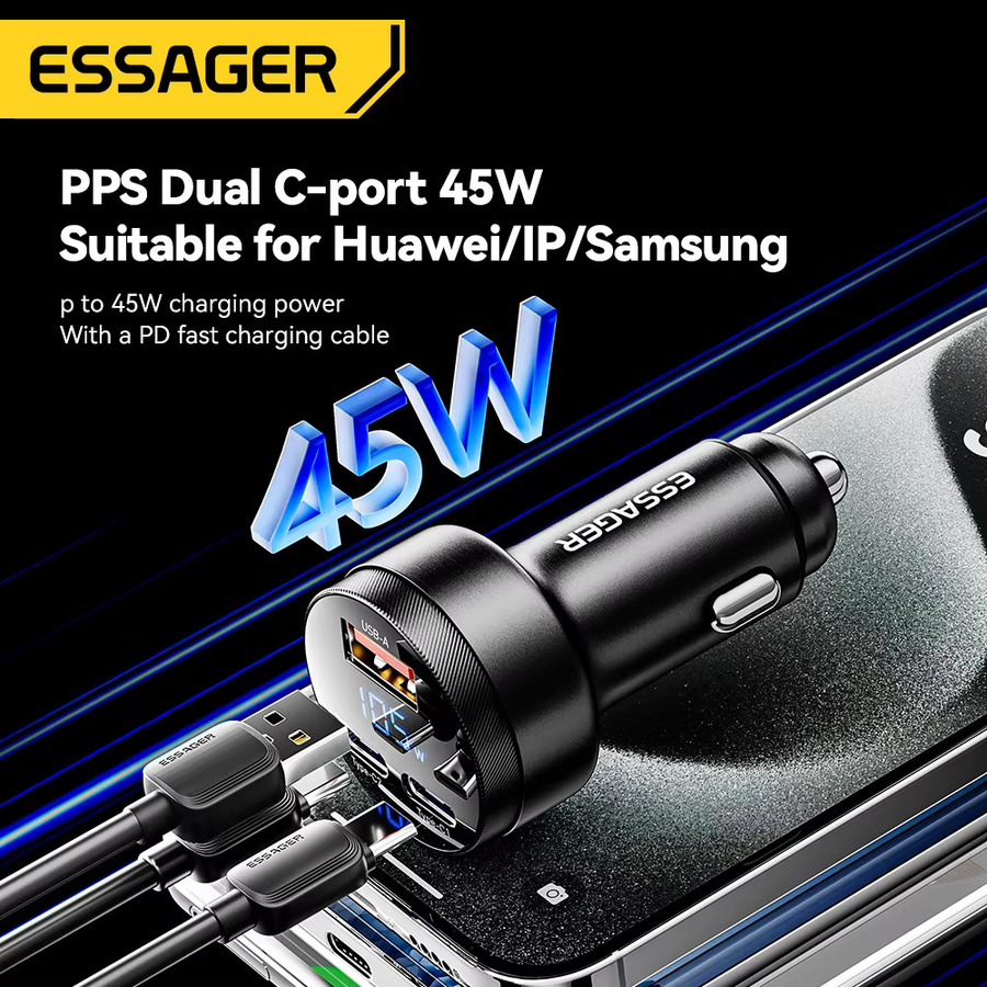 Essager USB C Autoladegerät 105 W Schnellladung PD3.0 QC4.0 Schwarz - Bild 3