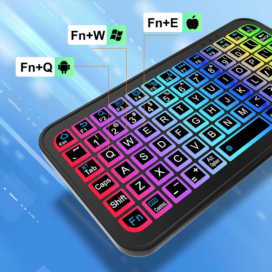 Kebidumei Mini RGB Bluetooth-Tastatur mit Hintergrundbeleuchtung, wiederaufladbare drahtlose Tastatur für PC, Tablet, Laptop, iPad, iOS, Android und MacBook, Schwarz - Bild 2