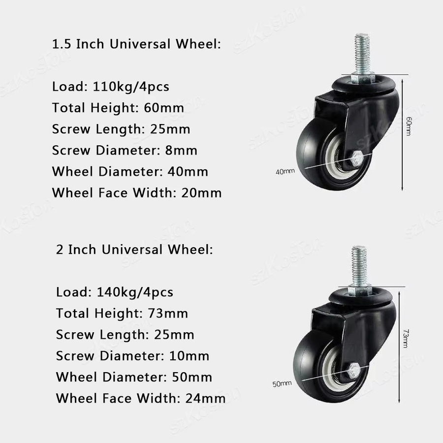 Ouliluye Set aus 4 Möbelrollen in Schwarz mit M8 oder M10 Gewindeschaft als schwenkbare Heavy Duty Rollen mit oder ohne Bremse für Couchtisch, Stuhl oder Wagen, 1,5 bis 2 Zoll - Bild 4