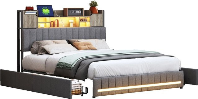 PXloue Polsterbett mit Schubladen und LED-Beleuchtung in Grau, B/T/H: 160 x 200 x 145 cm - Bild 1