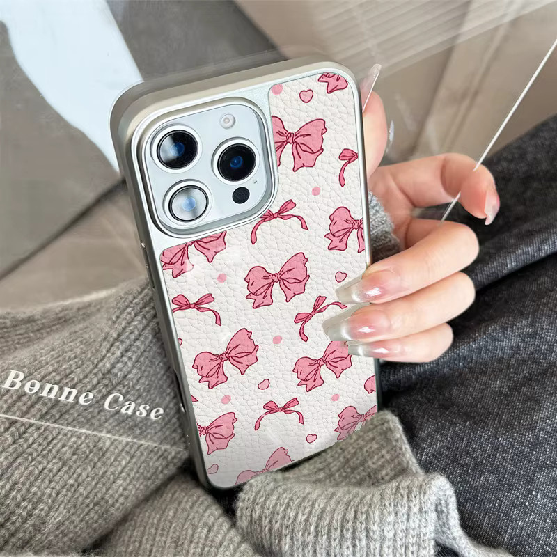 AIR PLUS Handyhülle mit Ledertextur und Schleifen-Design in Rosa für iPhone 11 bis iPhone 16 Pro Max, Sturzsicher - Bild 2