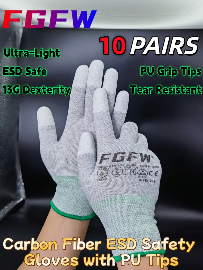 FGFW ESD-Sicherheitshandschuhe in Grau, 10 Paar antistatische Kohlefaser-Handschuhe mit PU-Griffspitzen für die Elektronikmontage, Größe S - Bild 6