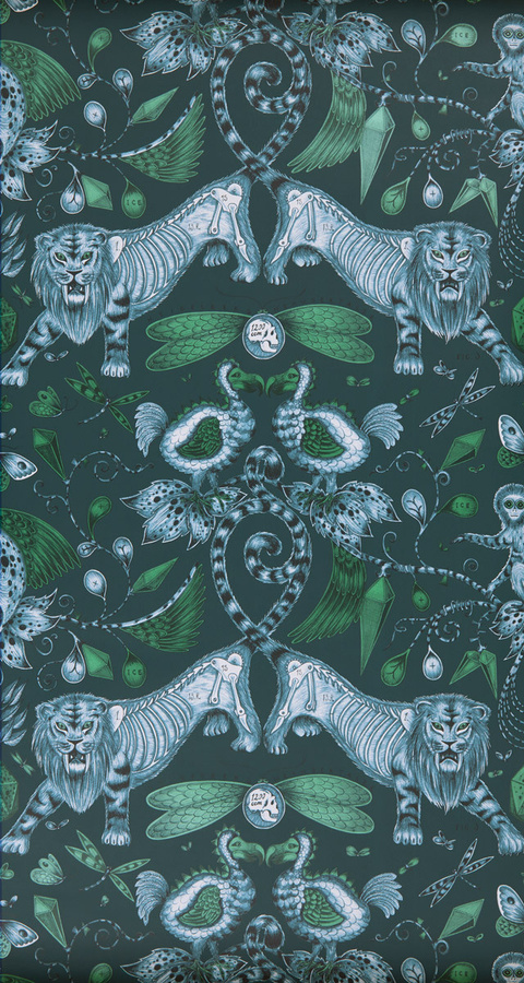 Clarke & Clarke Tapete Extinct Navy Blau mit Tierprint und botanischem Motiv, Vlies-Tapete, Glanzfinish - Bild 1