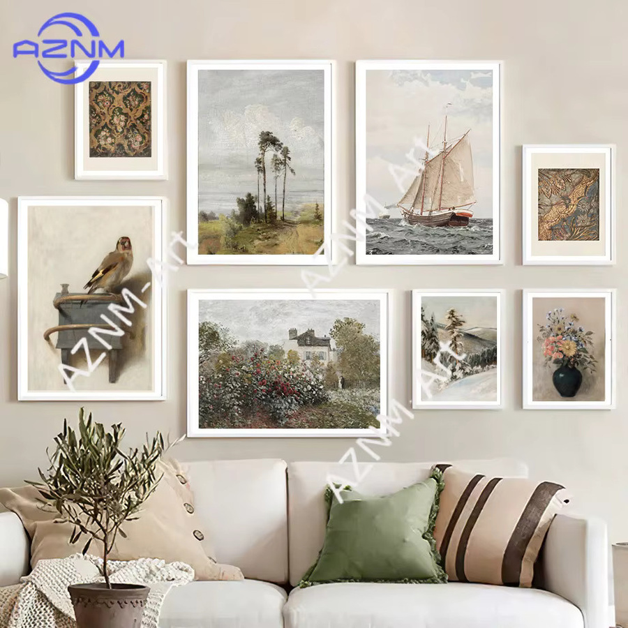 KAYOU Goldfinch Vintage-Wandteppich mit abstrakter Landschaft und Vögeln, mehrfarbiges Leinwandgemälde als nordisches Wandbild für deine Wohnzimmerdekoration - Bild 1