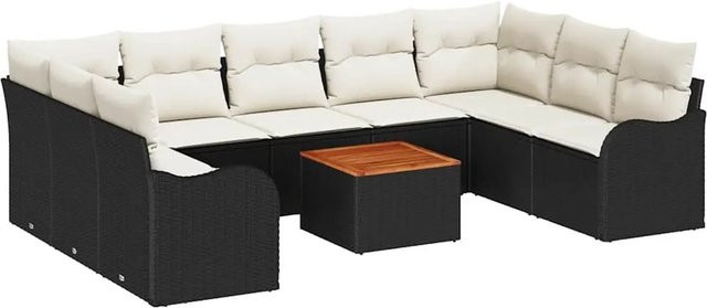 vidaXL Garten Sofa Set 10-teilig aus Poly Rattan und Akazienholz in Schwarz-Weiß mit UV-beständigen Polyester-Kissen - Bild 1