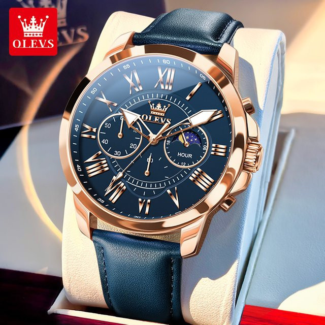 OLEVS Chronograph, Quarz, Lederarmband, Blau, Herren - Bild 1