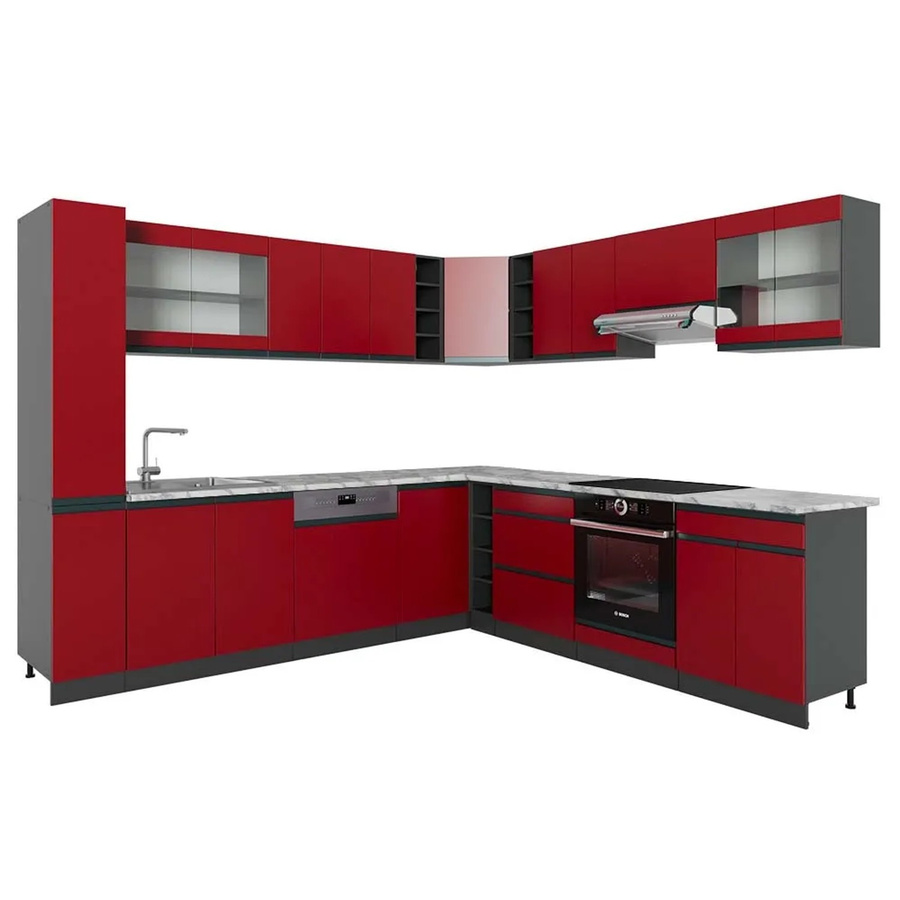 Vicco R-Line Eckküche J-Shape in Rot und Anthrazit mit Marmor-Optik, Breite: 257 cm, Tiefe: 277 cm - Bild 2