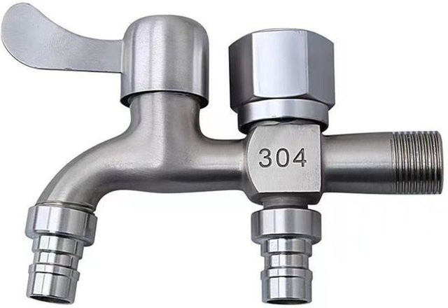 Ein-Ein-Zwei-Auslass-Doppelwasserhahn in Silber für Wischmoppbecken und Waschmaschinen als Erweiterungshahn für den Garten oder Außenbereich - Bild 1