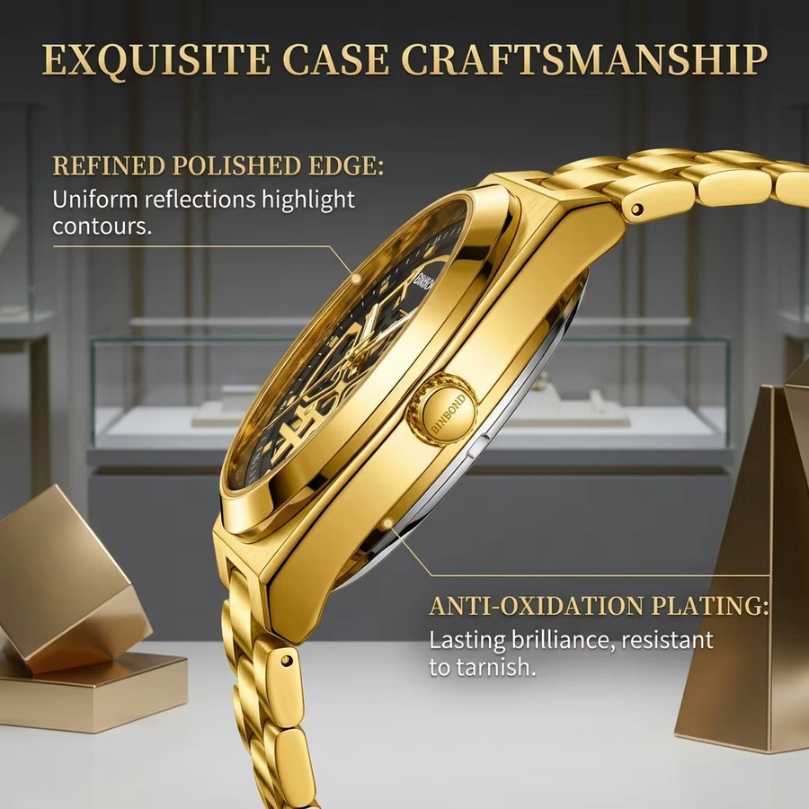 BINBOND Armbanduhr, Quarz, Edelstahl, Gold, Grün, Herren - Bild 2