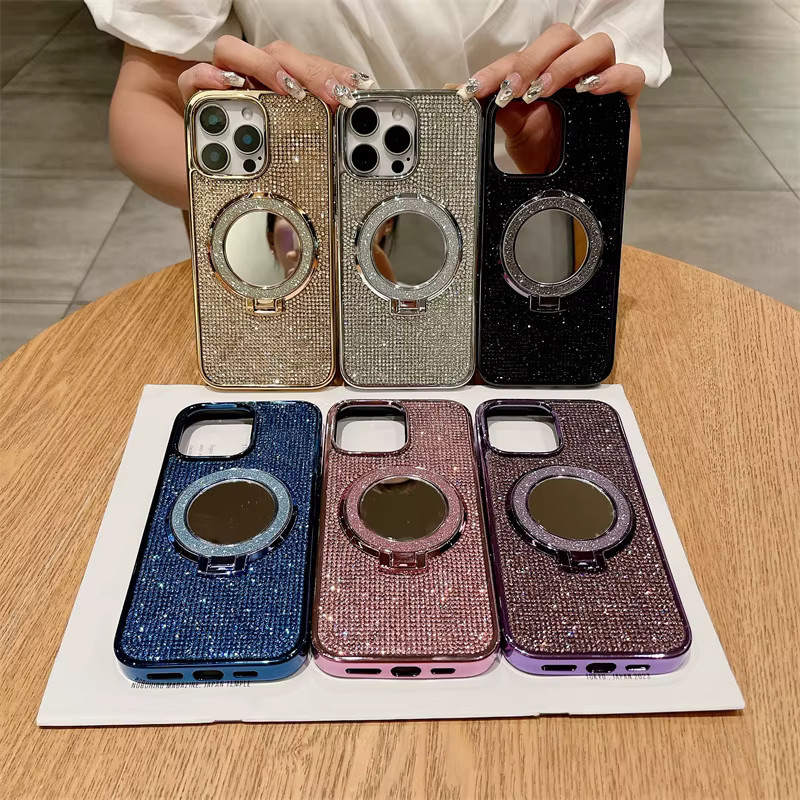 Glitzernde iPhone Schutzhülle mit Strass und Spiegelhalterung in Silber für iPhone 17 Air 16 15 14 13 12 Pro Max Plus von MUQGEW - Bild 2
