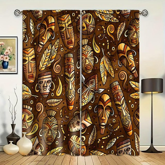2er-Set Yiran Furniture Boho Vorhänge mit Print in Braun, B: 85 cm, H: 200 cm - Bild 1