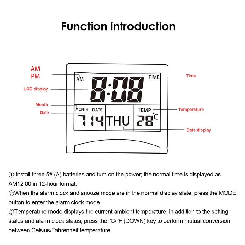 Aideepen Multifunktionale LCD Desktop Uhr mit Wecker, Datum und Temperatur in Schwarz - Bild 2