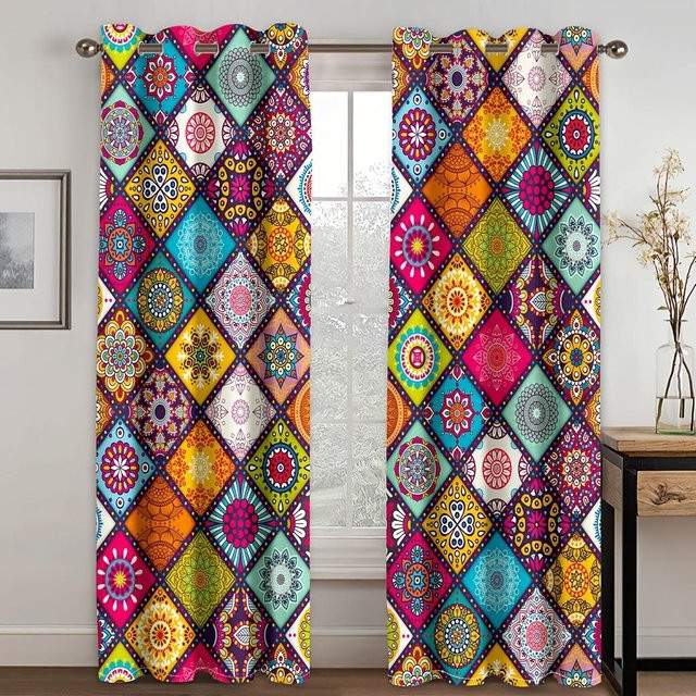 2-teiliges Boho-Vorhangset von Yiran Furniture mit geometrischem Muster in Multicolour, lichtfilternd und halbtransparent, Breite: 60 cm, Höhe: 150 cm - Bild 1