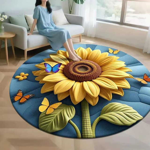 VIKAMA Rundteppich Sonnenblumen in Gelb, weiche florale Fußmatte im nordischen Stil für Wohnzimmer und Schlafzimmer, Durchmesser: 80 cm - Bild 1