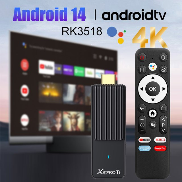 X88 PRO Smart TV Stick mit Android 14.0, 4K UHD, WiFi 6, Quad Core Prozessor, 2GB RAM, 16GB Speicher, Voice Remote, Schwarz - Bild 1