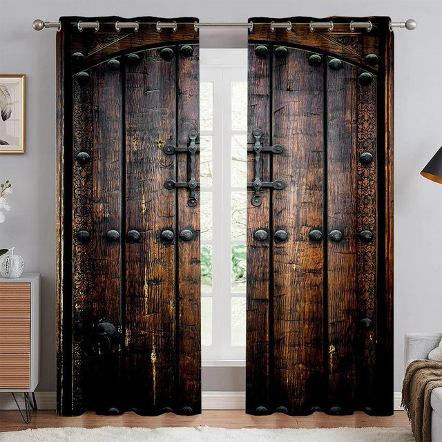 Yiran Furniture Dekorative Fenstervorhänge im Retro-Holztür-Design mit 3D-Druck, halbtransparent, Braun, Breite: 150 cm, Höhe: 166 cm - Bild 1