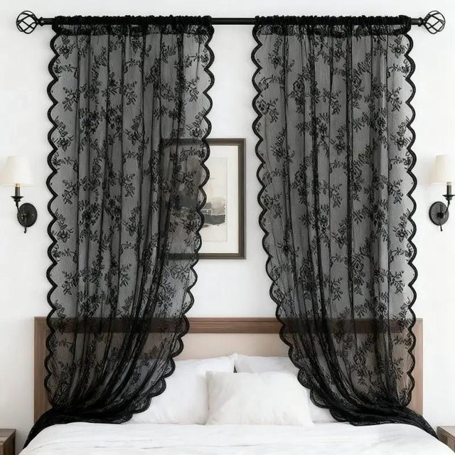 MARKET-1 Halbtransparenter Vorhang mit floraler Vintage-Blumenstickerei in Schwarz, Breite: 75 cm, Höhe: 183 cm - Bild 1