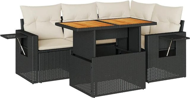 vidaXL 5-teilige Garten-Sofagarnitur in L-Form aus Poly-Rattan und Akazienholz mit Kissen in Schwarz-Creme - Bild 1