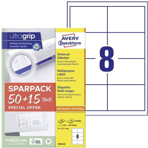 Avery Zweckform 4782-65 Universal-Etiketten für Adressetiketten, Weiß, 65 Blatt, B: 9,7 cm, H: 6,77 cm, permanent haftend für Tintenstrahldrucker und Laserdrucker - Bild 1