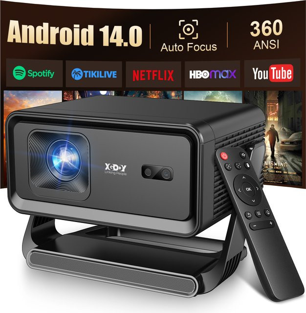 XGODY Gimbal A1 Tragbarer Outdoor-Projektor mit Autofokus, Android 14, 8K/4K Unterstützung, 360ANSI, Native 720P HD, Wifi6 und Bluetooth 5.4, Schwarz - Bild 1