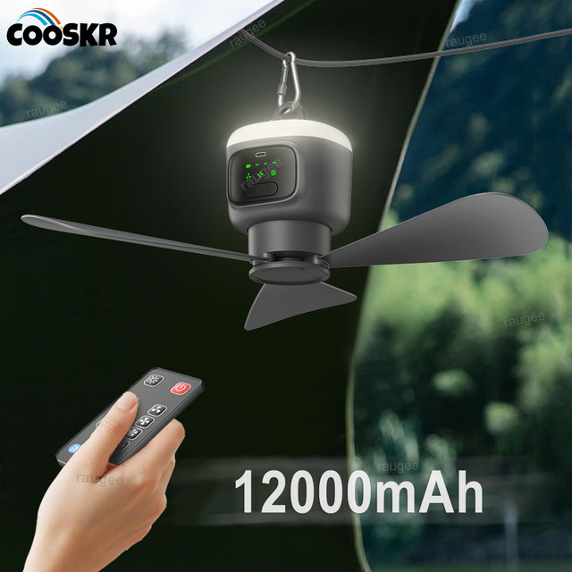 raugee Tragbarer Camping-Deckenventilator mit LED-Licht und Fernbedienung, Grau, 12000 mAh Akku, wiederaufladbar - Bild 1